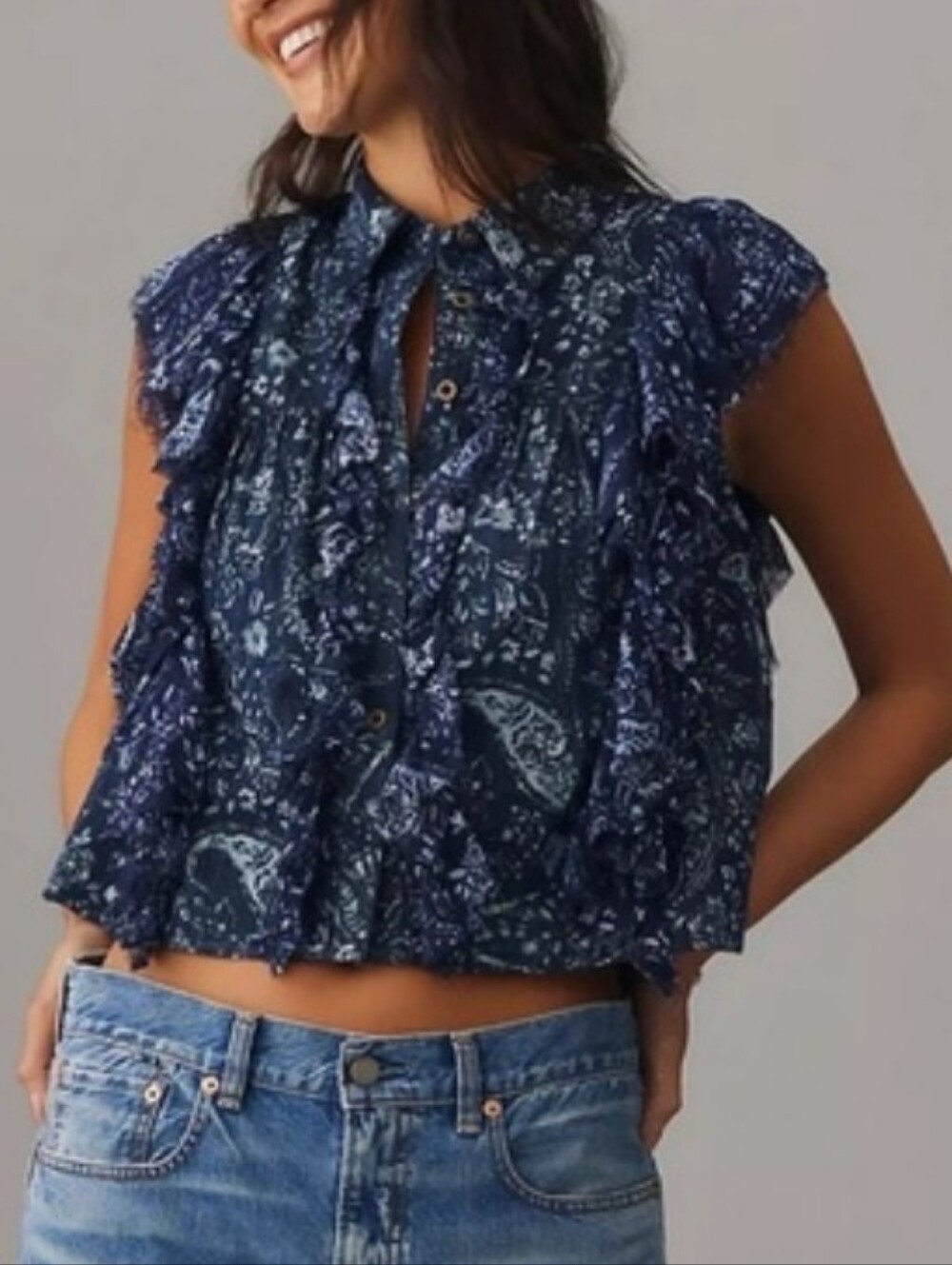 Pilcro Sleeveless Buttondown Blouse Blue Paisley Flowy Country Festival Style - Picture 6 of 6